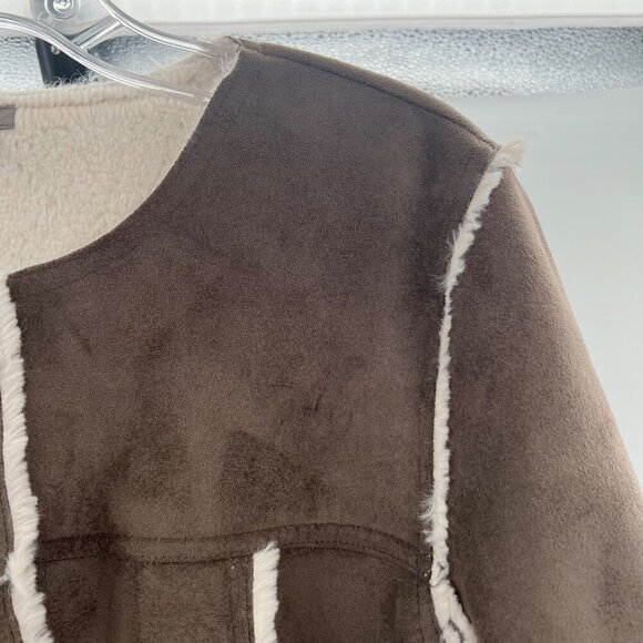 J.Jill Faux Suede Coat Faux Fur Lining Button Up Brown/Cream Size Medium - Picture 4 of 9